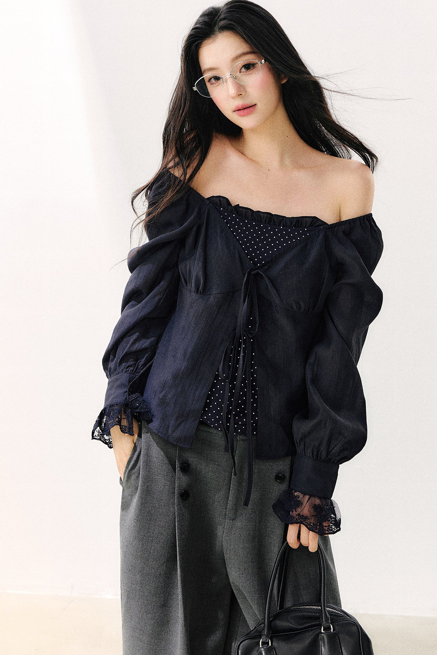 Polka Dot Knit Layered-Look Blouse