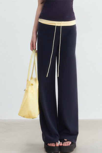 Color-Blocked Waistband Drawstring Wide-Leg Pants