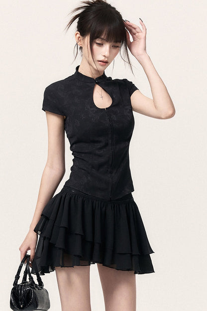 New Chinese Style Jacquard Top and Ruffle Skirt Set-Up