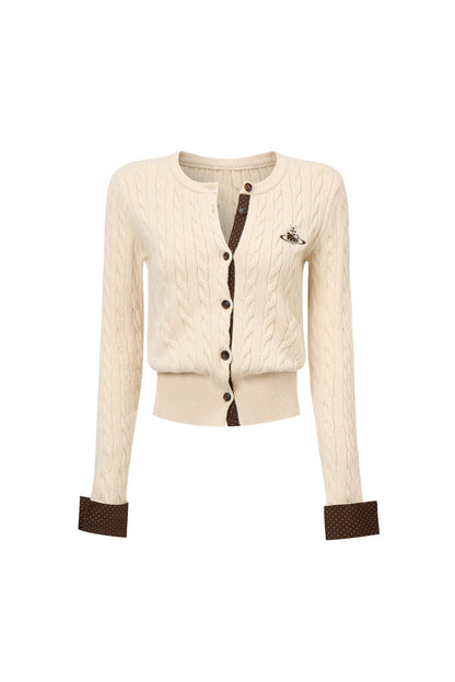 Color-Blocked Polka Dot Cable Knit Cardigan