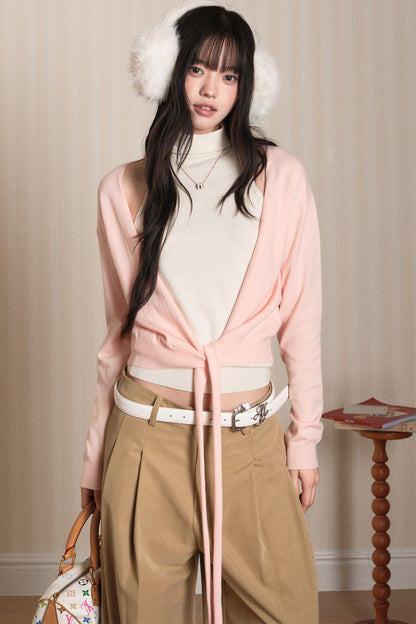 Layered High-Neck Vest and Tie-Up Cardigan Set-Up
