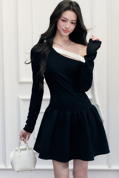 Asymmetrical One-Shoulder Tie Strap Black Dress