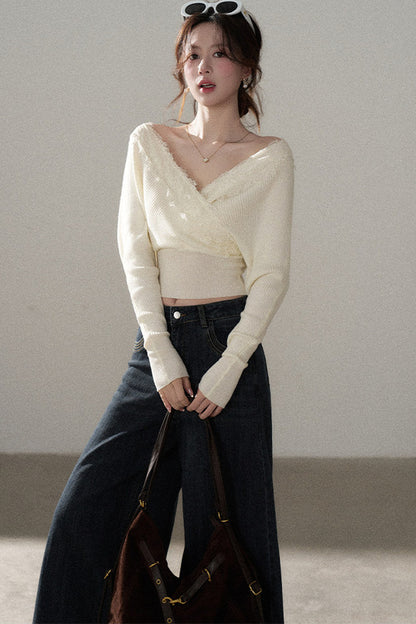 V-Neck Hollow Knit Top and Jeans Set-Up