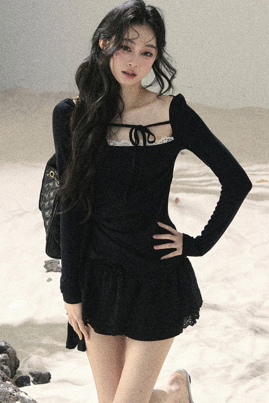 Long Sleeve Square Neck Lace Top