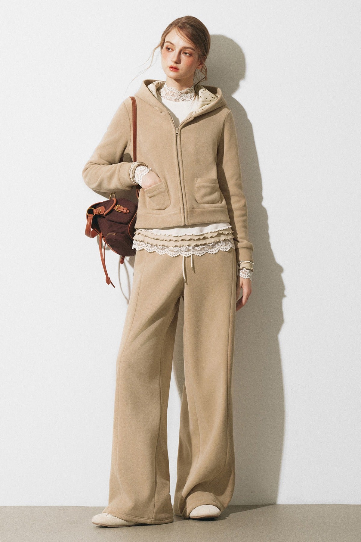 Oatmeal Fleece Hooded Sweatshirt Jacket and Wide-Leg Pants Set-Up