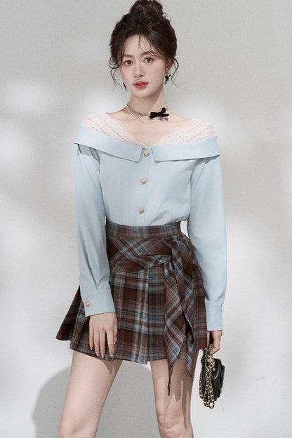 Blue Off-Shoulder Lace Blouse and Skirt Set-Up
