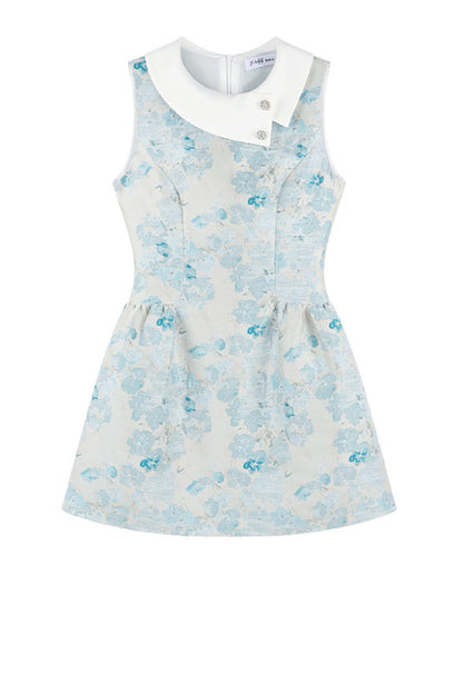 Blue Floral Jacquard Sleeveless Dress