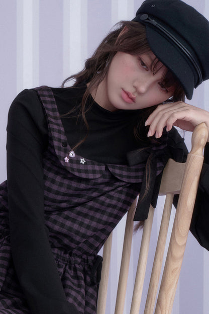 Layered-Look Plaid Long Sleeve Dress