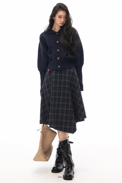 Navy Blue Plaid Jacket and Skirt Set-Up