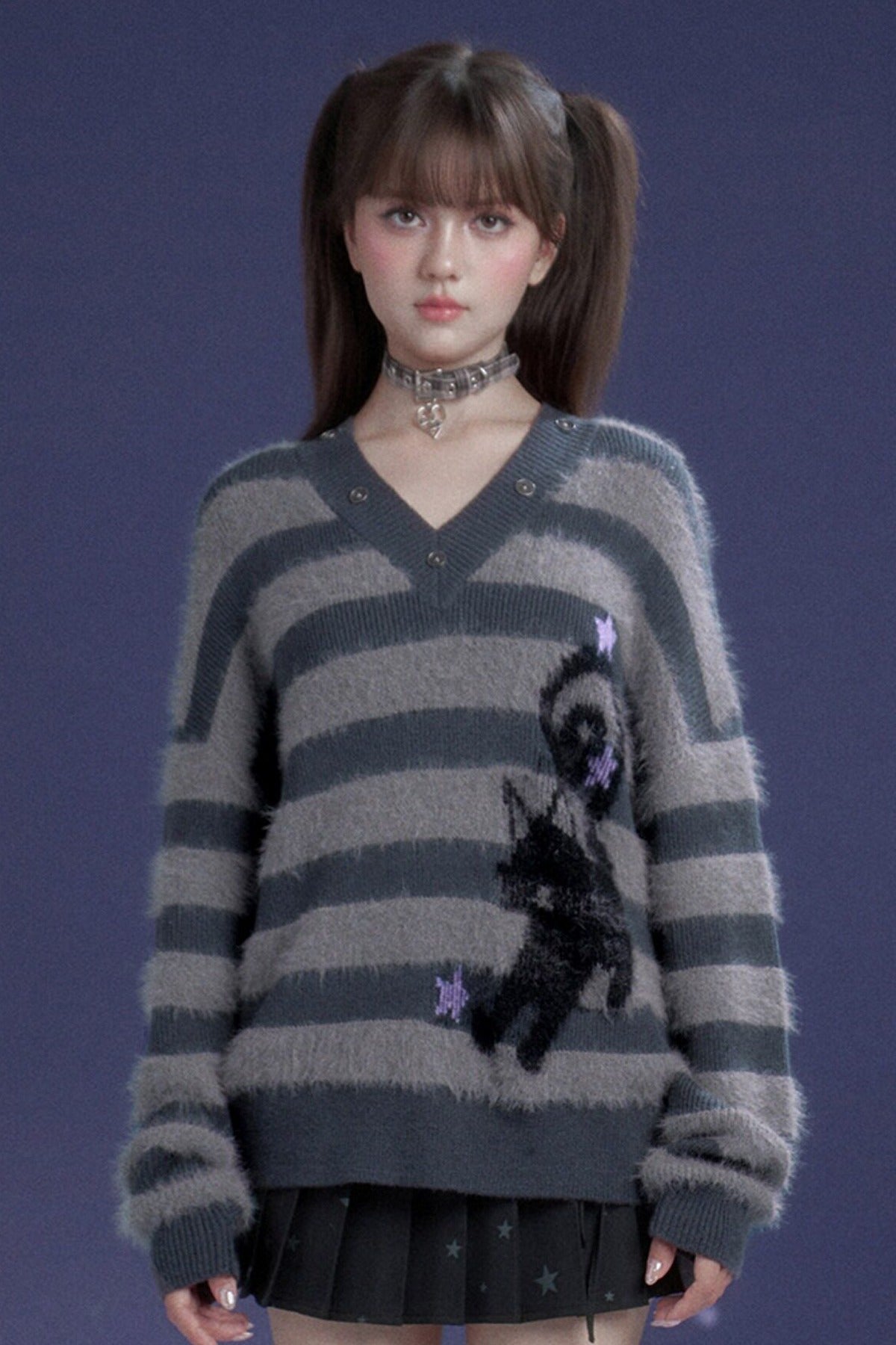 Halloween Meow Black Gray Striped Sweater With Scarf