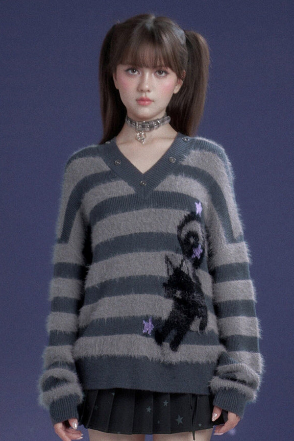 Halloween Meow Black Gray Striped Sweater With Scarf