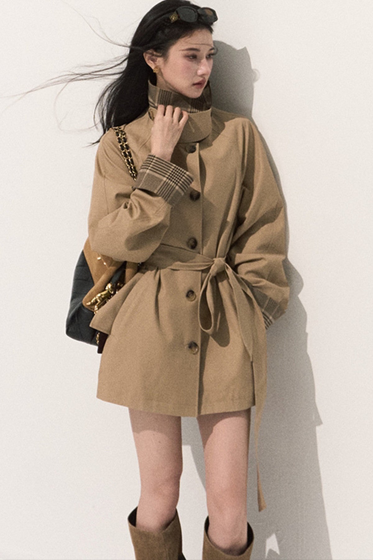 Trench-coat à carreaux à col montant