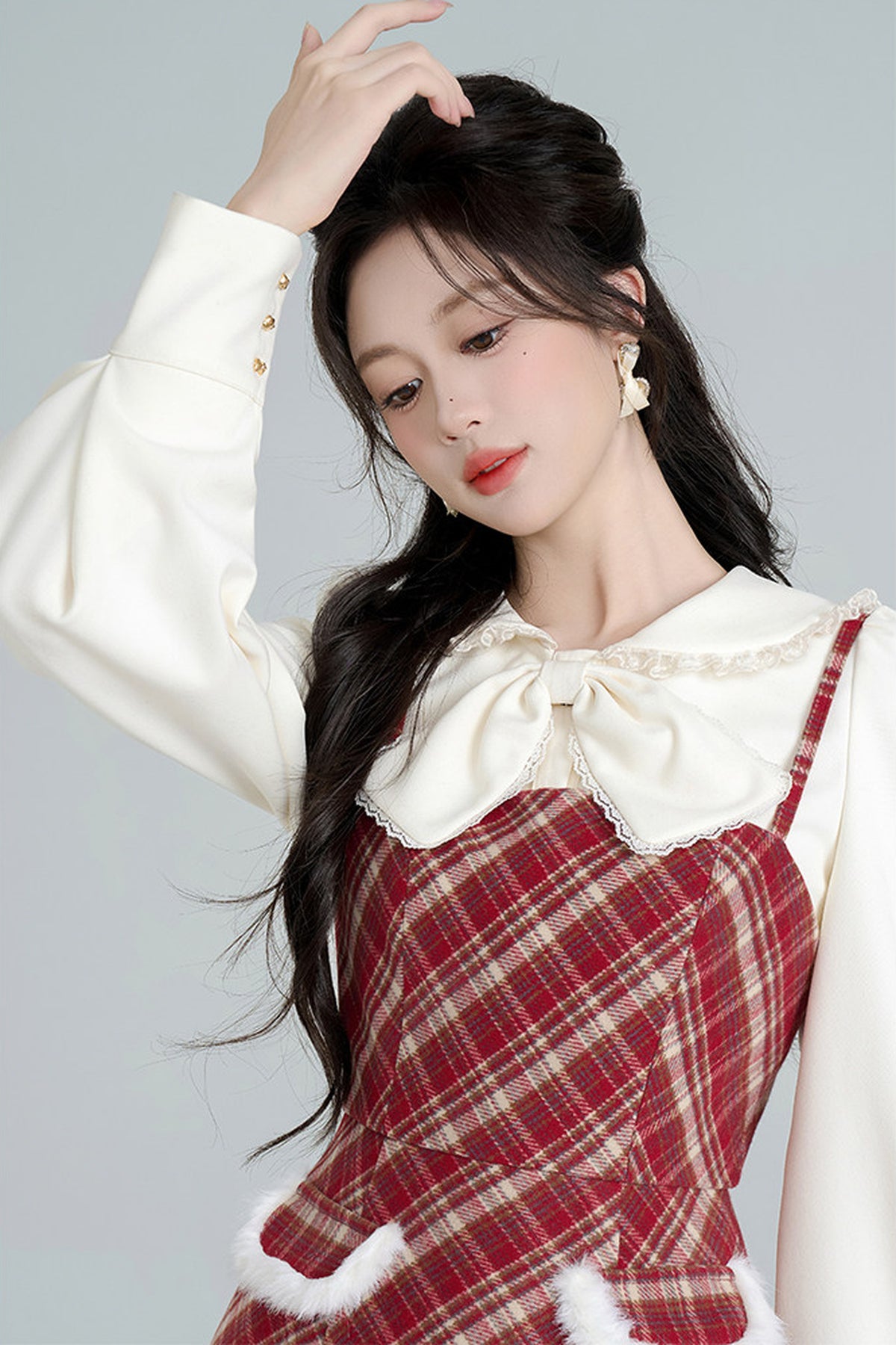 Red Plaid Dress and Apricot Shirt Set-Up