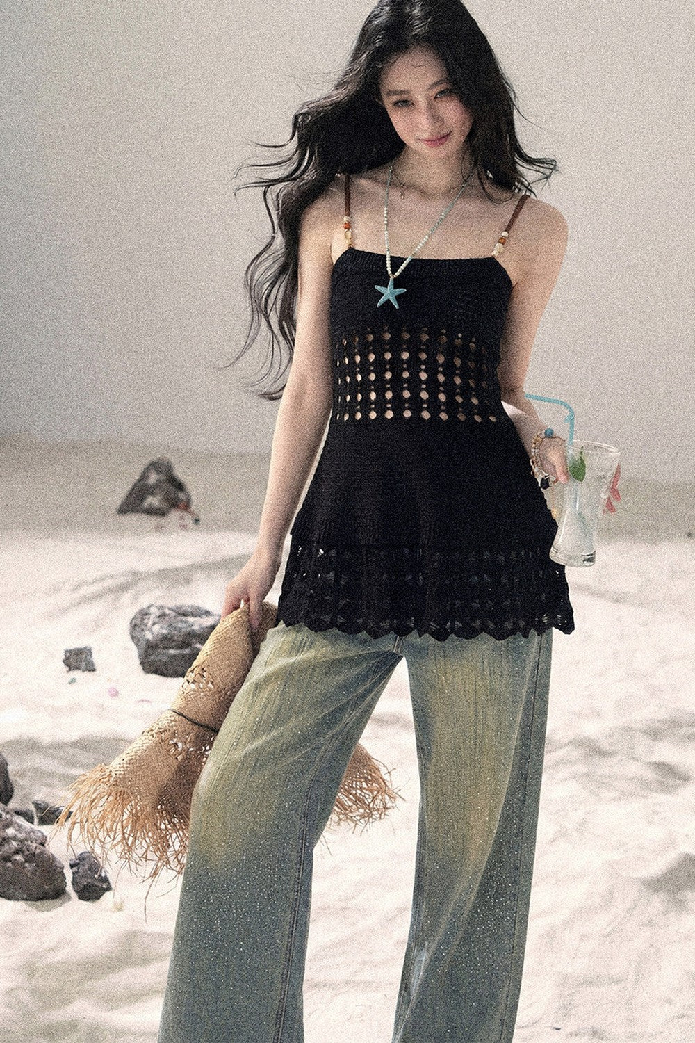 American-Style Rhinestone Wide-Leg Jeans