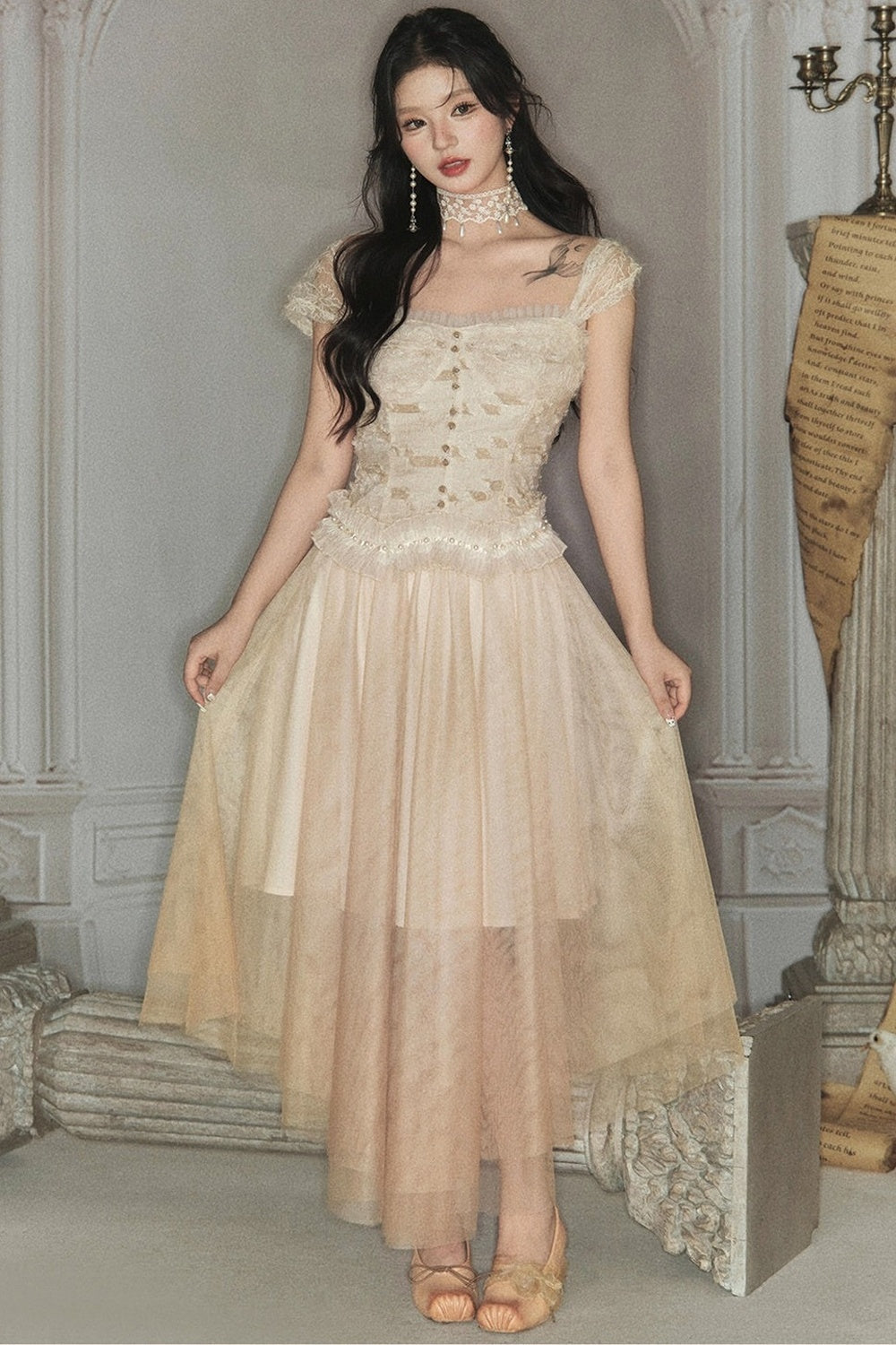 Spliced Pleated Mesh Lace Tube Top