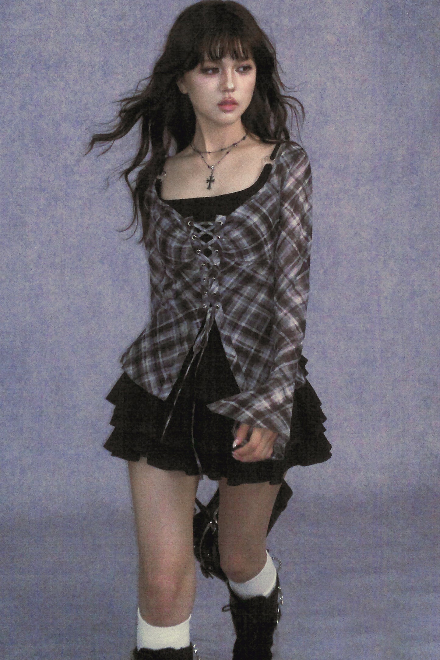 Plaid Tie-Neck Slim Top Set-Up