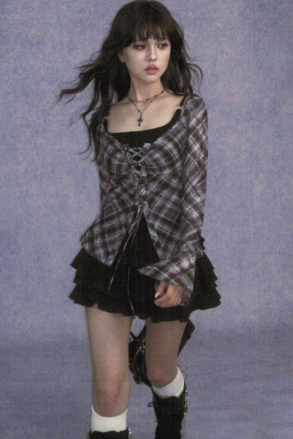 Plaid Tie-Neck Slim Top Set-Up