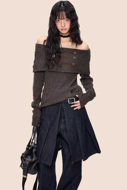Button Off-Shoulder Knit Top