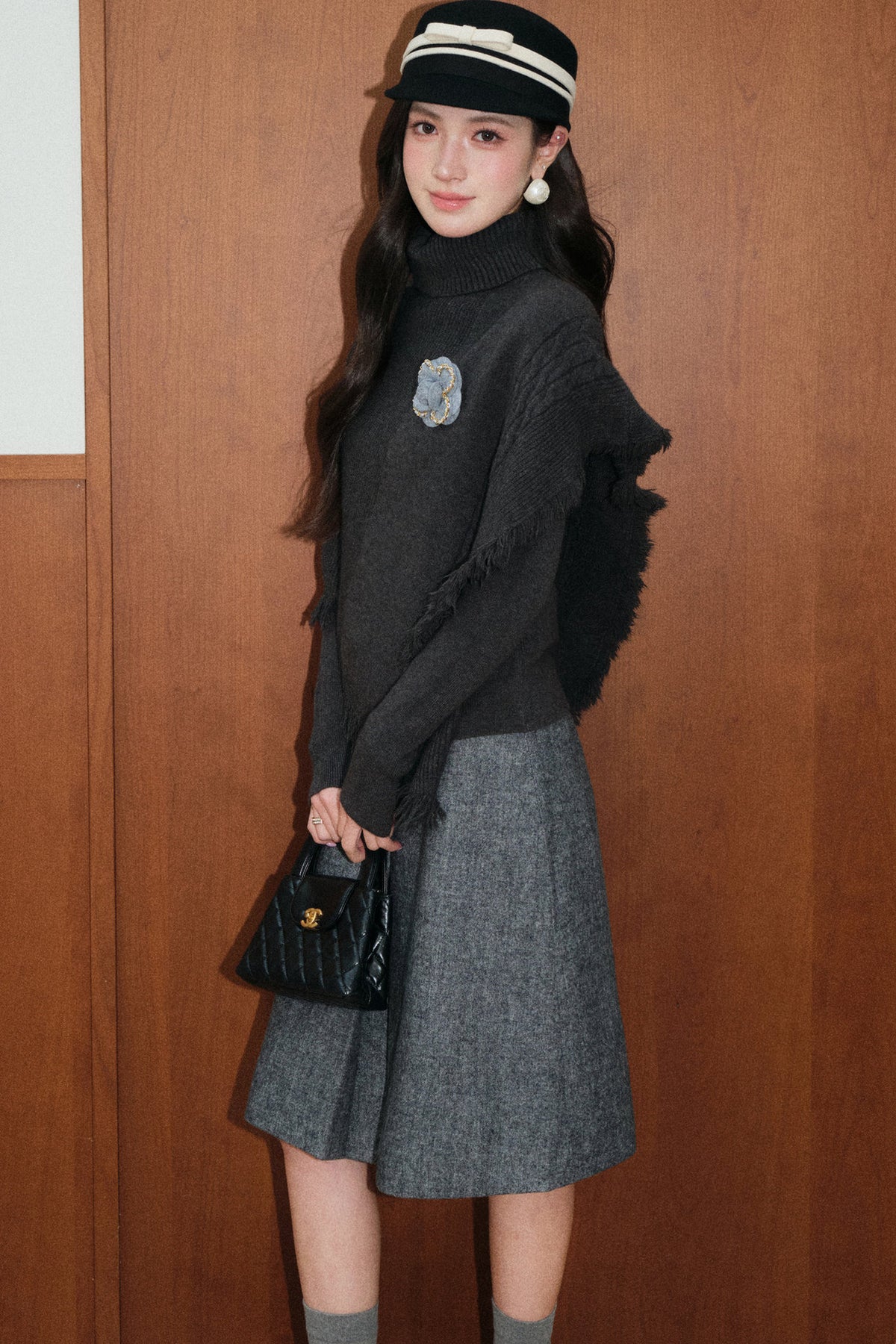 Tassel Cape Shawl Sweater and Skirt Set