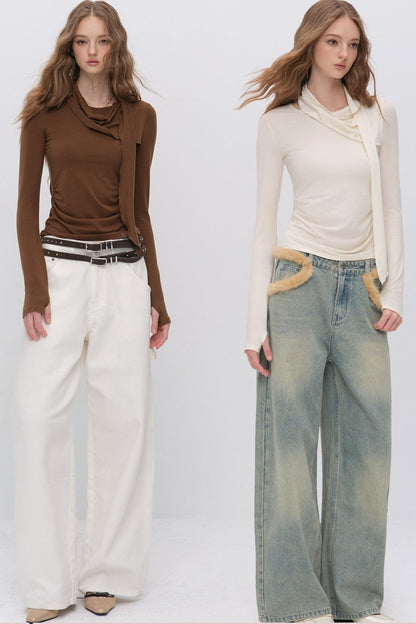 Irregular Ruched Halter Ribbon T-Shirt