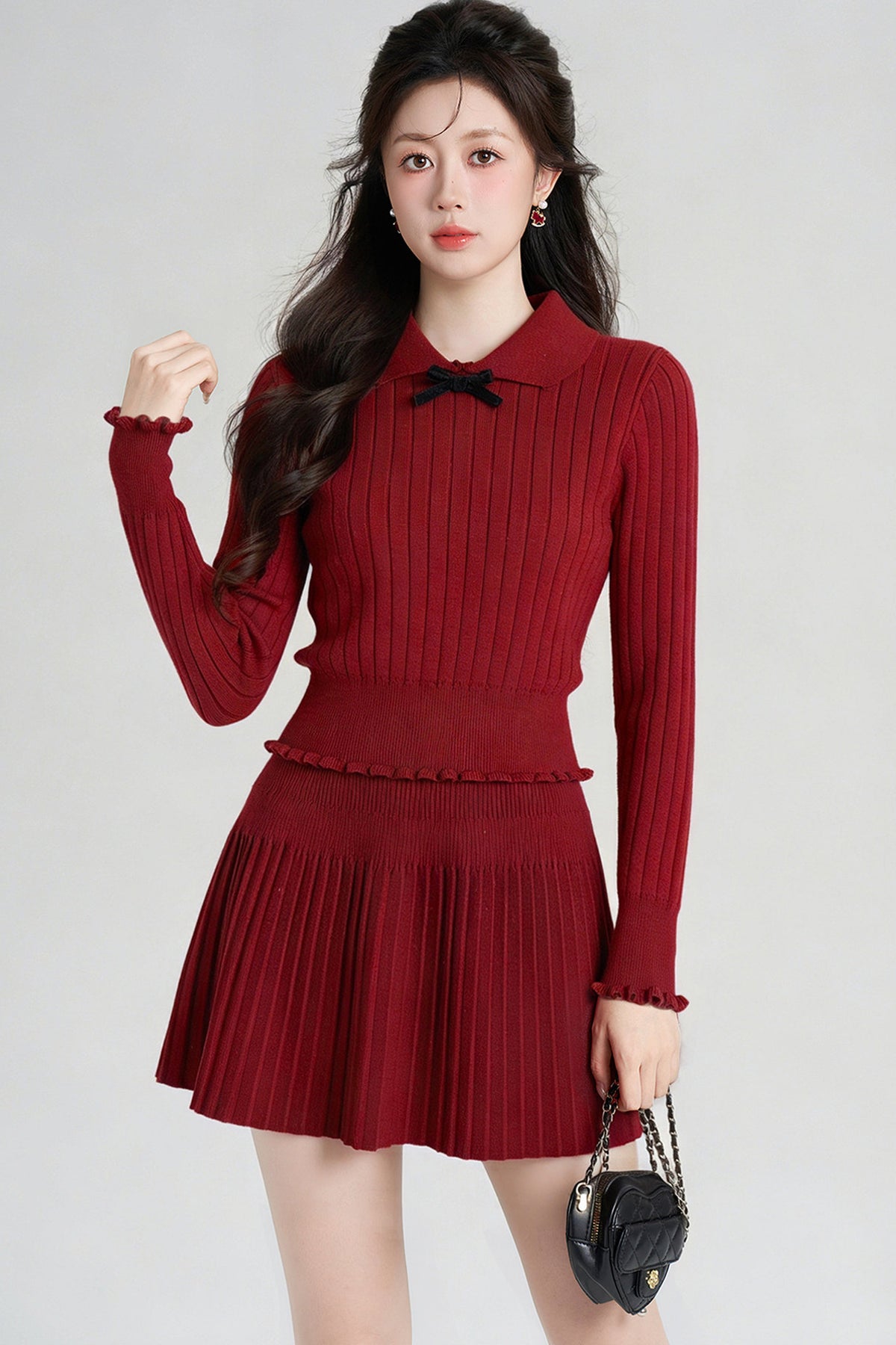 Red Knit Top and Pleated Skirt Set