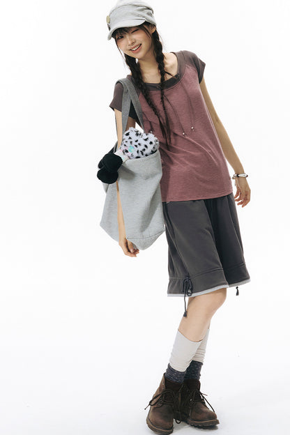 Color-Block Drawstring Elastic Waist Wide-Leg Mid-Length Shorts