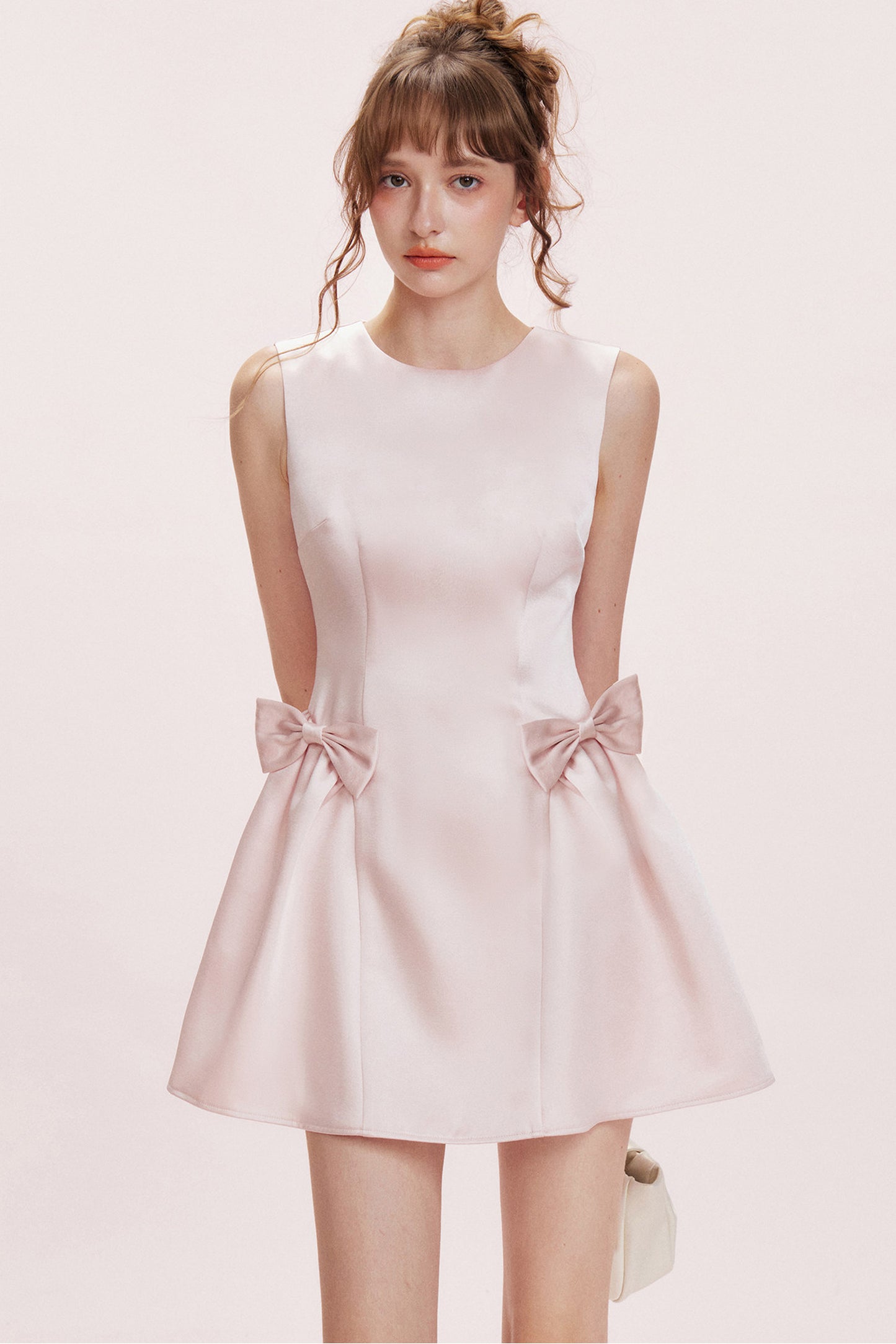 Double Bow Satin Vest Dress and Cardigan Set-Up