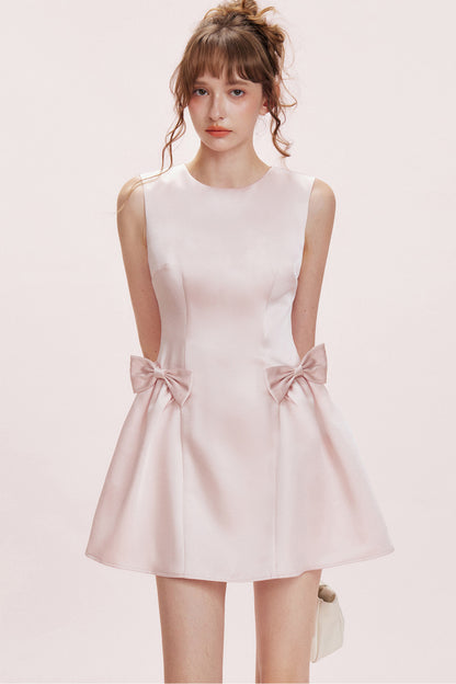 Double Bow Satin Vest Dress and Cardigan Set-Up
