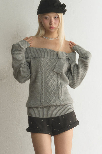 Off-Shoulder Bowknot Cable Knit Top and Pants Set-Up