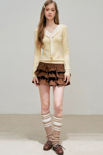 Cream Contrast Lace Tie Knit Sweater