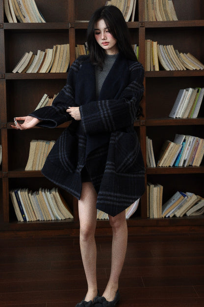 Navy Blue Plaid Reversible Woolen Coat