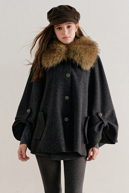 Detachable Large Fur Collar Woolen Cape