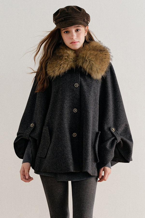 Detachable Large Fur Collar Woolen Cape