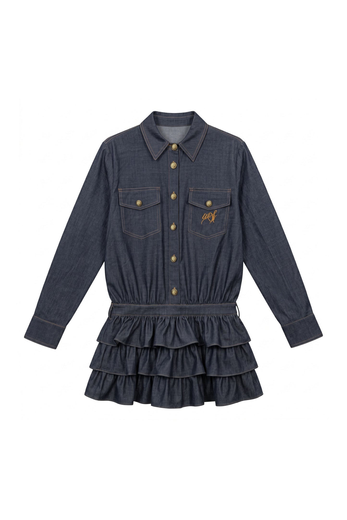 Set-up aus gestuftem Kleid im Denim-Look mit Paisley-Schal-Shirt