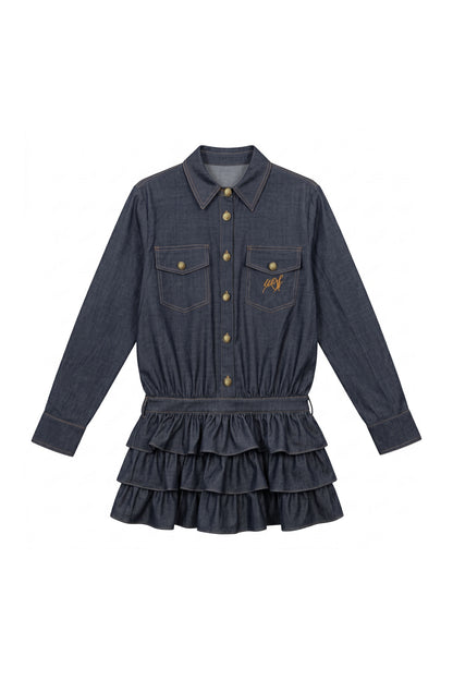 Set-up aus gestuftem Kleid im Denim-Look mit Paisley-Schal-Shirt
