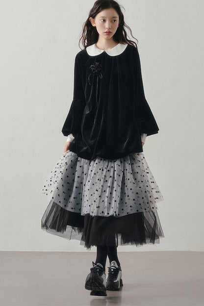 Patchwork Long Sleeve Velvet Tops