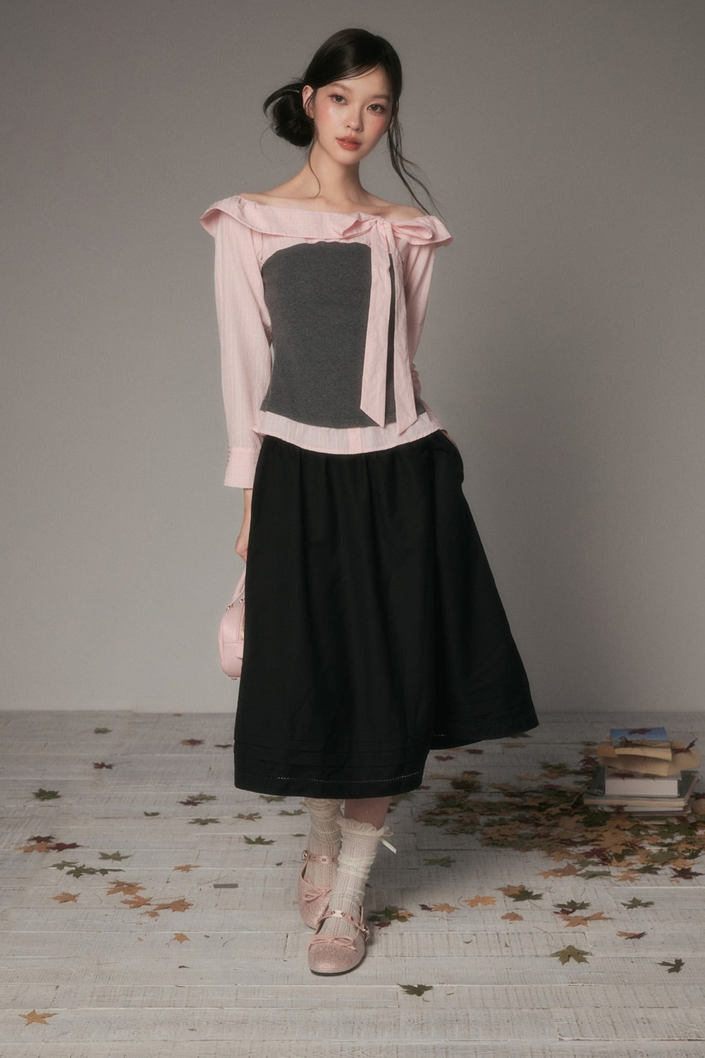 One-Shoulder Bow Spliced Long-Sleeve T-Shirt