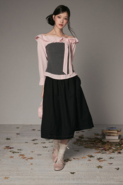 One-Shoulder Bow Spliced Long-Sleeve T-Shirt