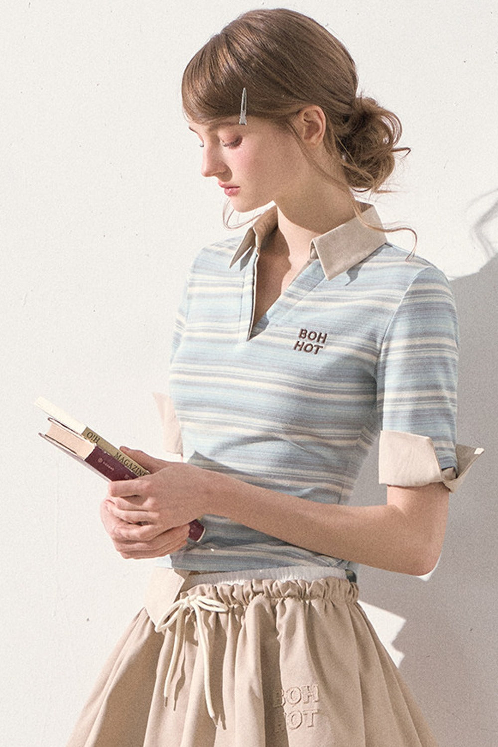 Mint Striped Patchwork Polo Top