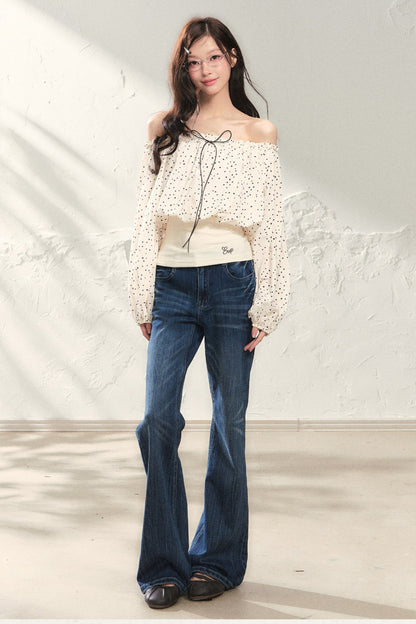 One Shoulder Top and High Waist Flared Jeans Set-Up