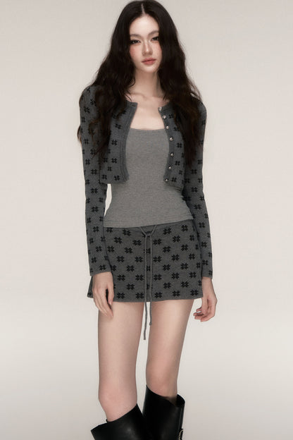 Grey Knit Cardigan and Skirt Set-Up