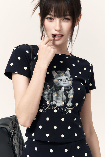 Polka Dot Cat Print Top Bodycon Skirt Pants Set-Up
