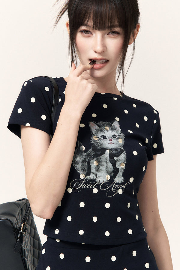 Polka Dot Cat Print Top Bodycon Skirt Pants Set-Up