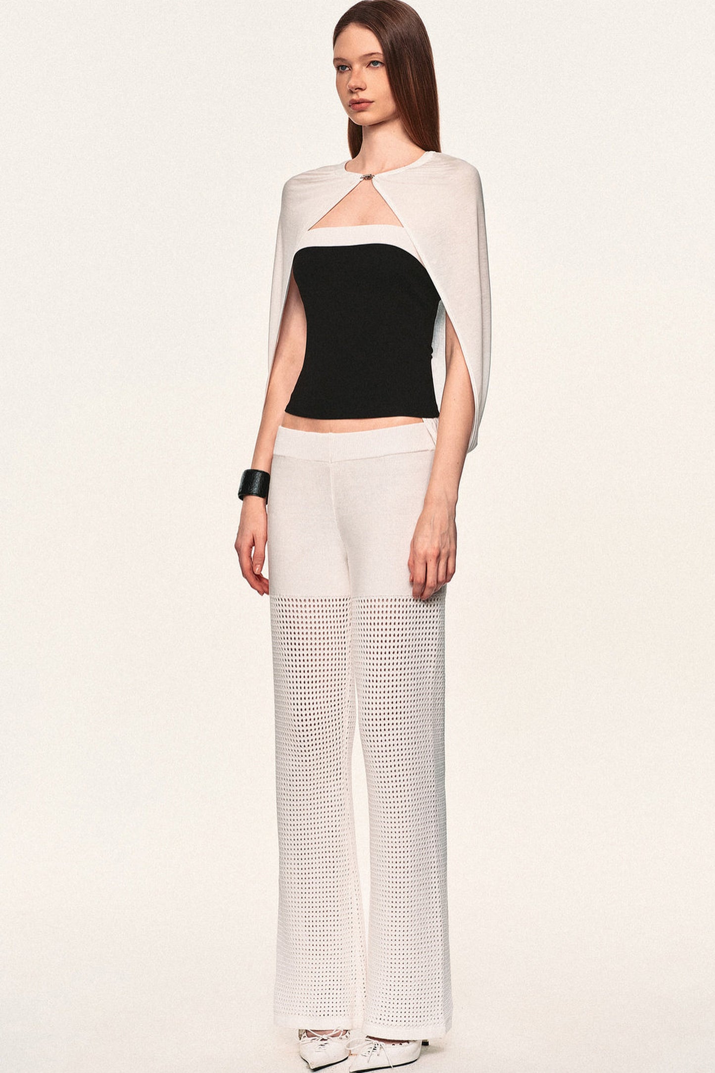 White Hollow-Out Mesh Crochet Straight Pants