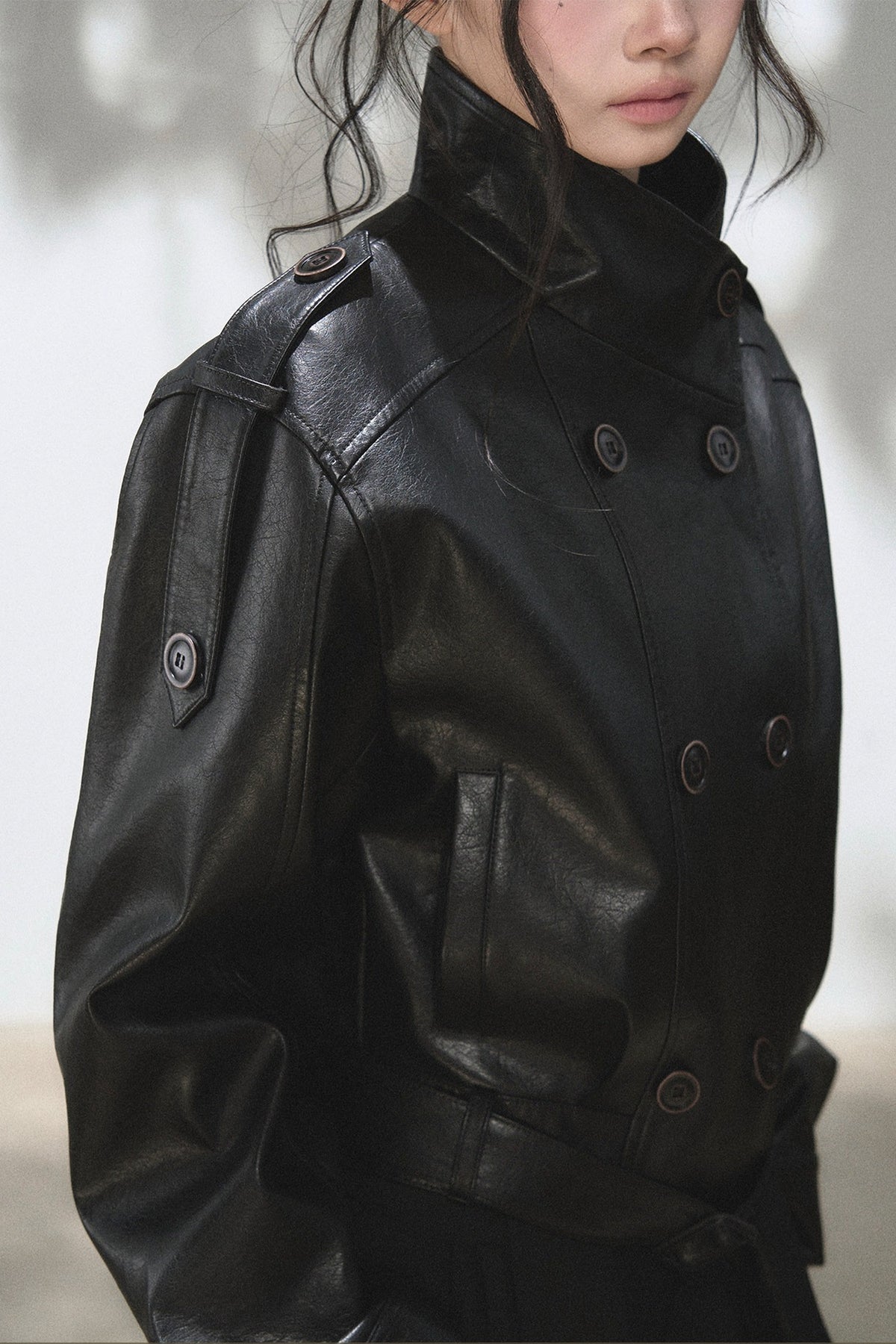 Double-Breasted Stand-Collar Leather Jacket