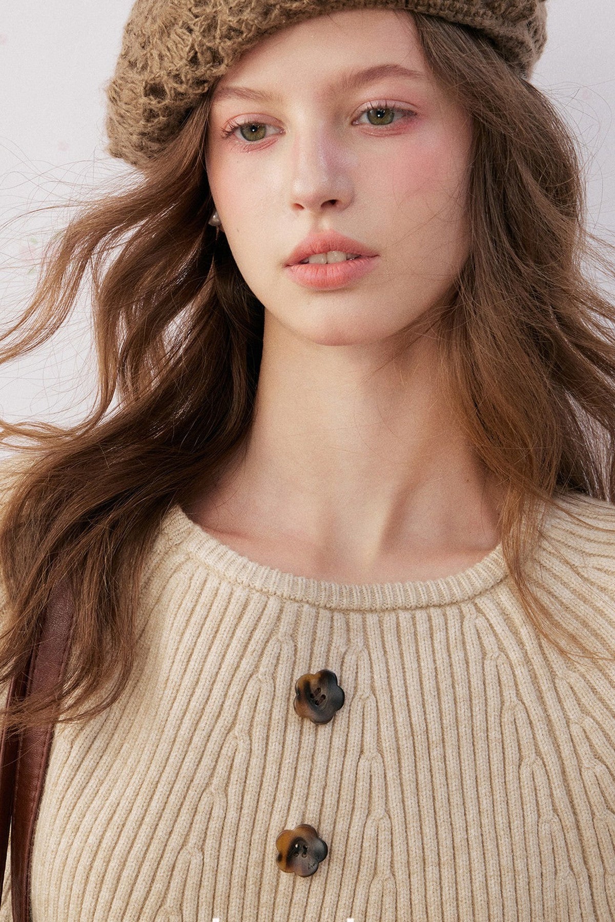 Floral Button Ribbed Cuff Cape Sweater Set