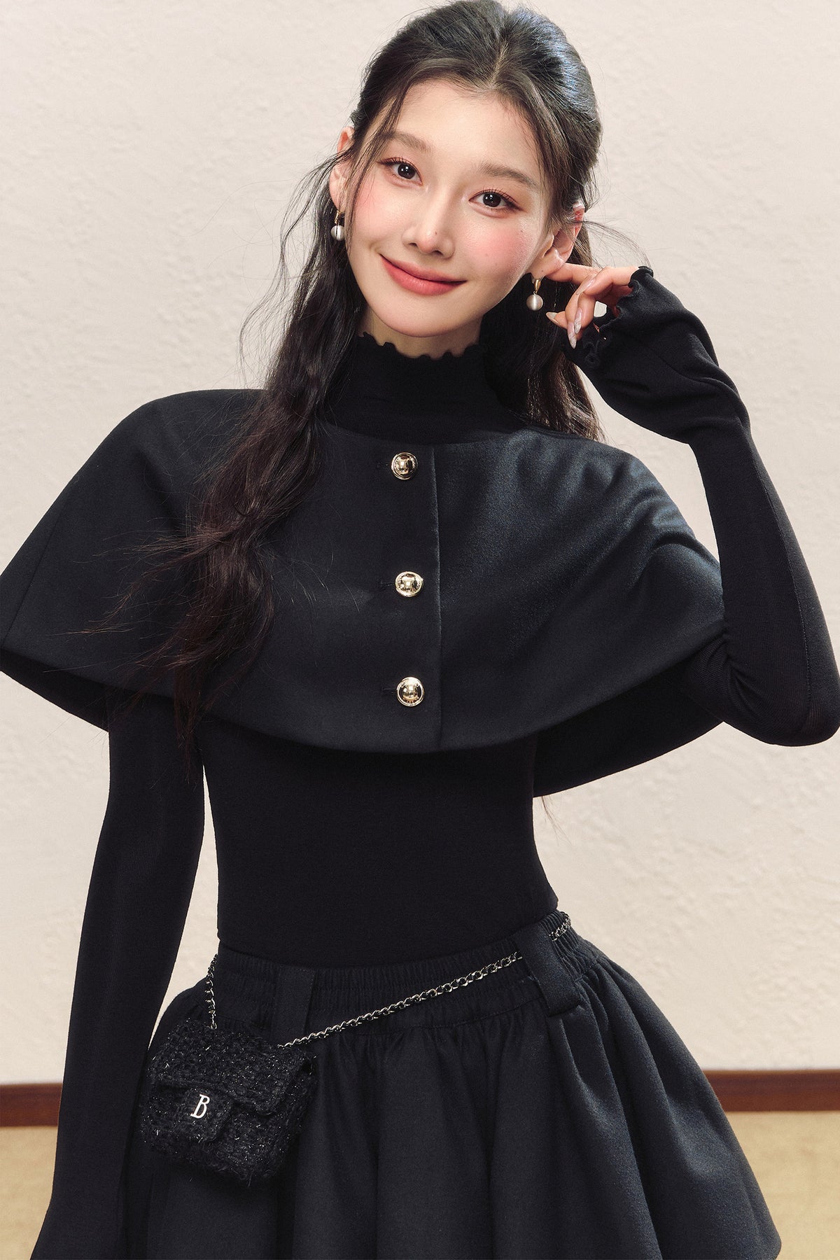 Black Long-Sleeve Base Shirt and Knitted Skirt Set-Up