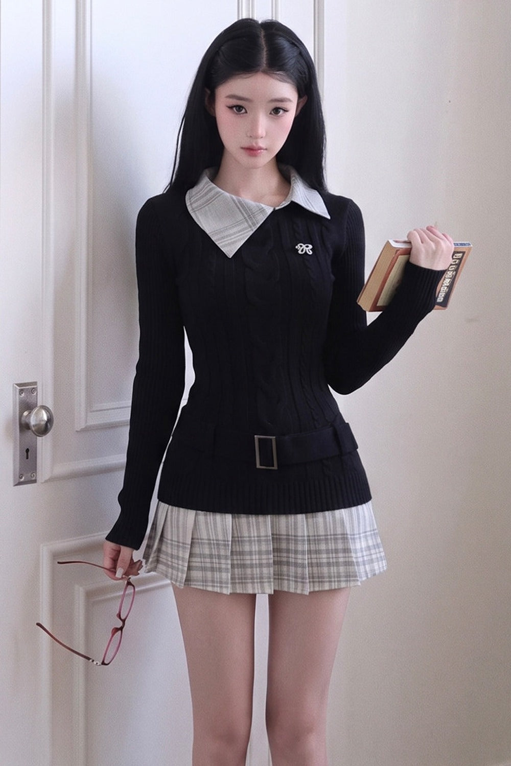 Collar Shirt and White A-Line Skirt Set-Up