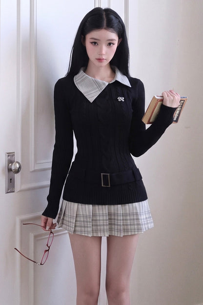 Collar Shirt and White A-Line Skirt Set-Up