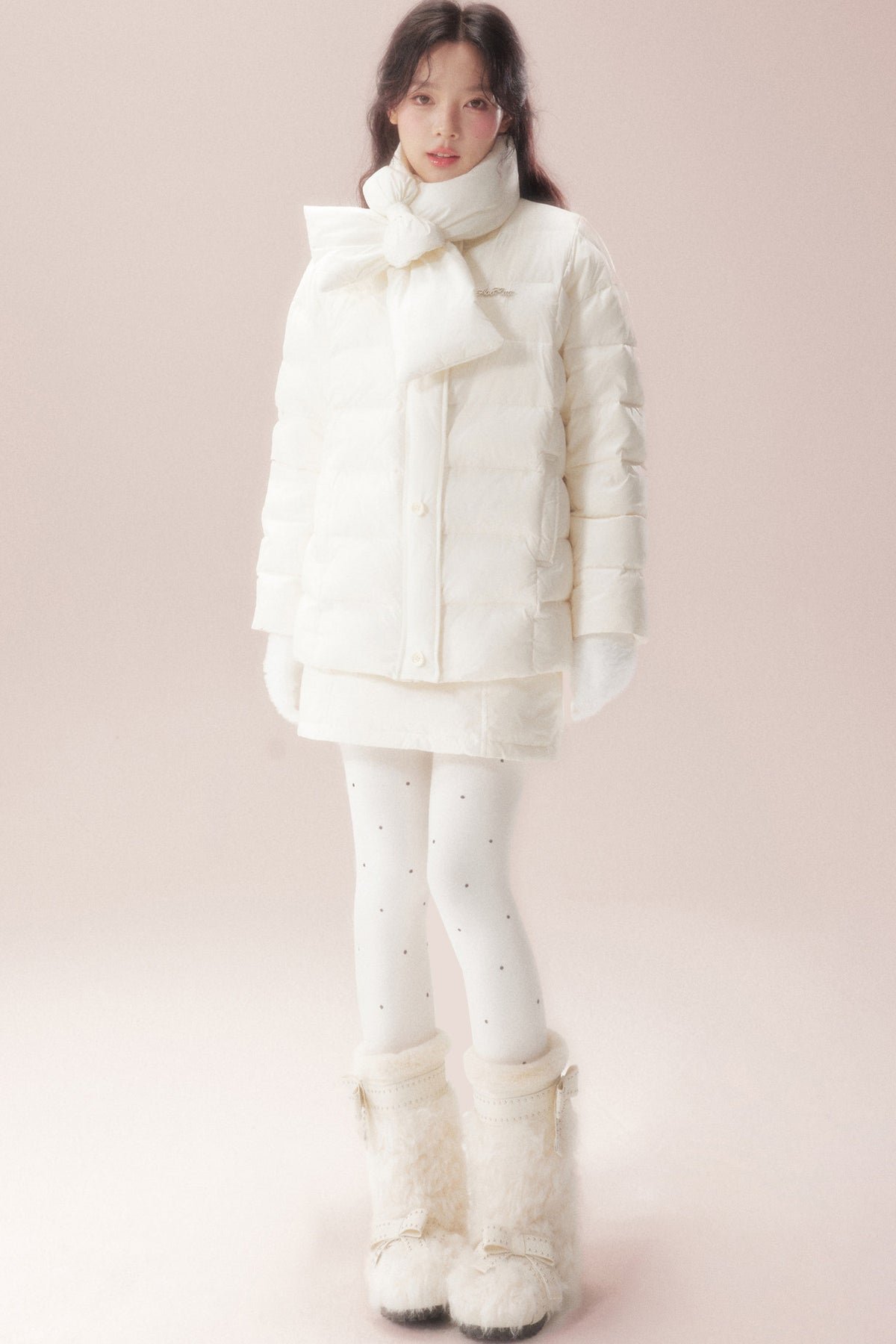 Bow-Knot Scarf Mid-Length Down Jacket